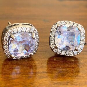 Big Square CZ Crystal Stud Earrings, Pavé Halo in Silver Tone